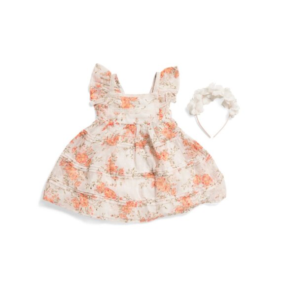 RACHEL ZOE Marshmallow Infant Girls Flutter Sleeve Floral Dress With Headband - Picture 1 of 2
